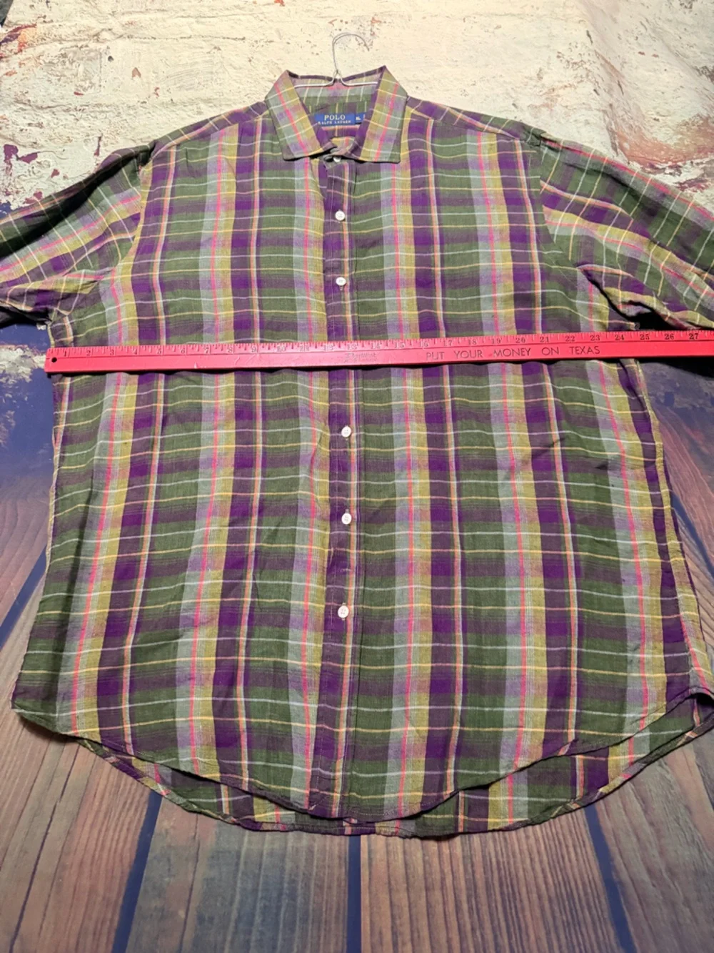 100% Linen Polo by Ralph Lauren Olive and Purple Plaid Button-Down Shirt